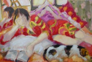 Resting with Scamp - Oil on Canvas, 40.4cm x 59.1cm (Framed 54.4cm x 73.6cm)