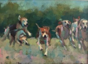 Running Hounds. Oil on Board, 25.4 x 35.6cm (Framed 40.1 x 50cm)